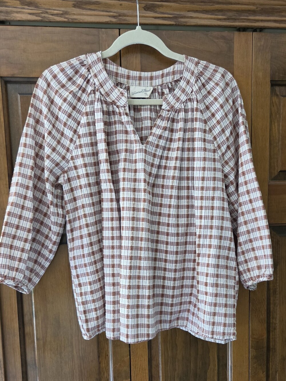 Universal Thread Brown and White Plaid Peasant Tunic